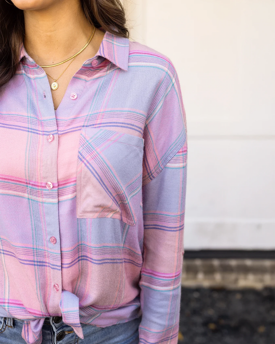 Grace and Lace | Soft Brushed Spring Plaid Shirt | Pink Plaid