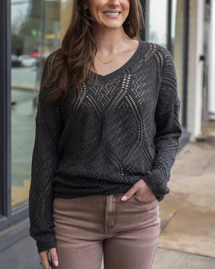 *PREORDER* Grace and Lace | V-Neck Pointelle Sweater | Charcoal - ESTIMATED TO SHIP MARCH 4