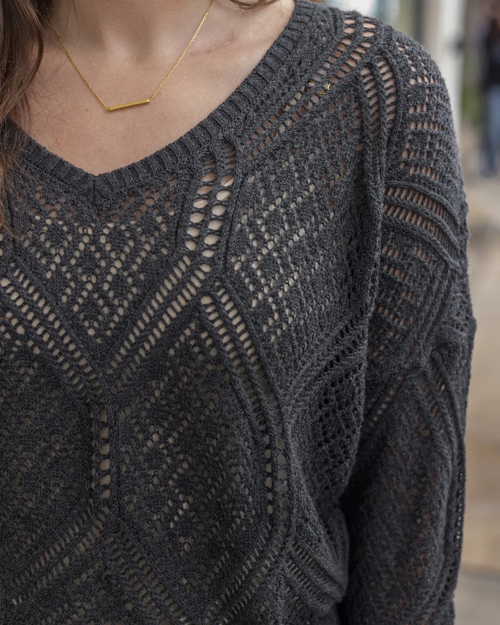 *PREORDER* Grace and Lace | V-Neck Pointelle Sweater | Charcoal - ESTIMATED TO SHIP MARCH 4