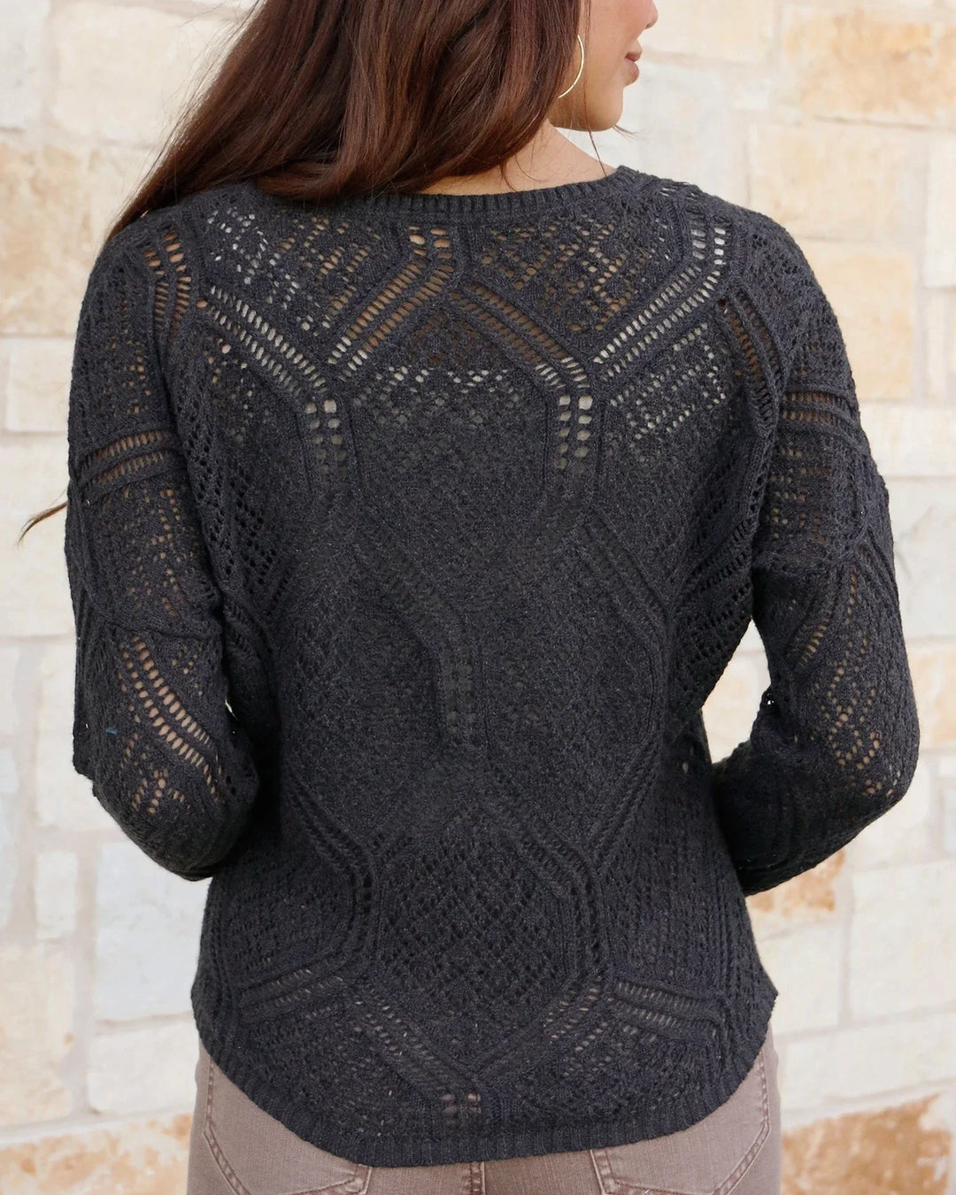 *PREORDER* Grace and Lace | V-Neck Pointelle Sweater | Charcoal - ESTIMATED TO SHIP MARCH 4