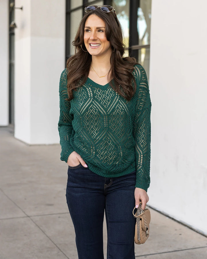 *PREORDER* Grace and Lace | V-Neck Pointelle Sweater | Jade Green - ESTIMATED TO SHIP MARCH 4